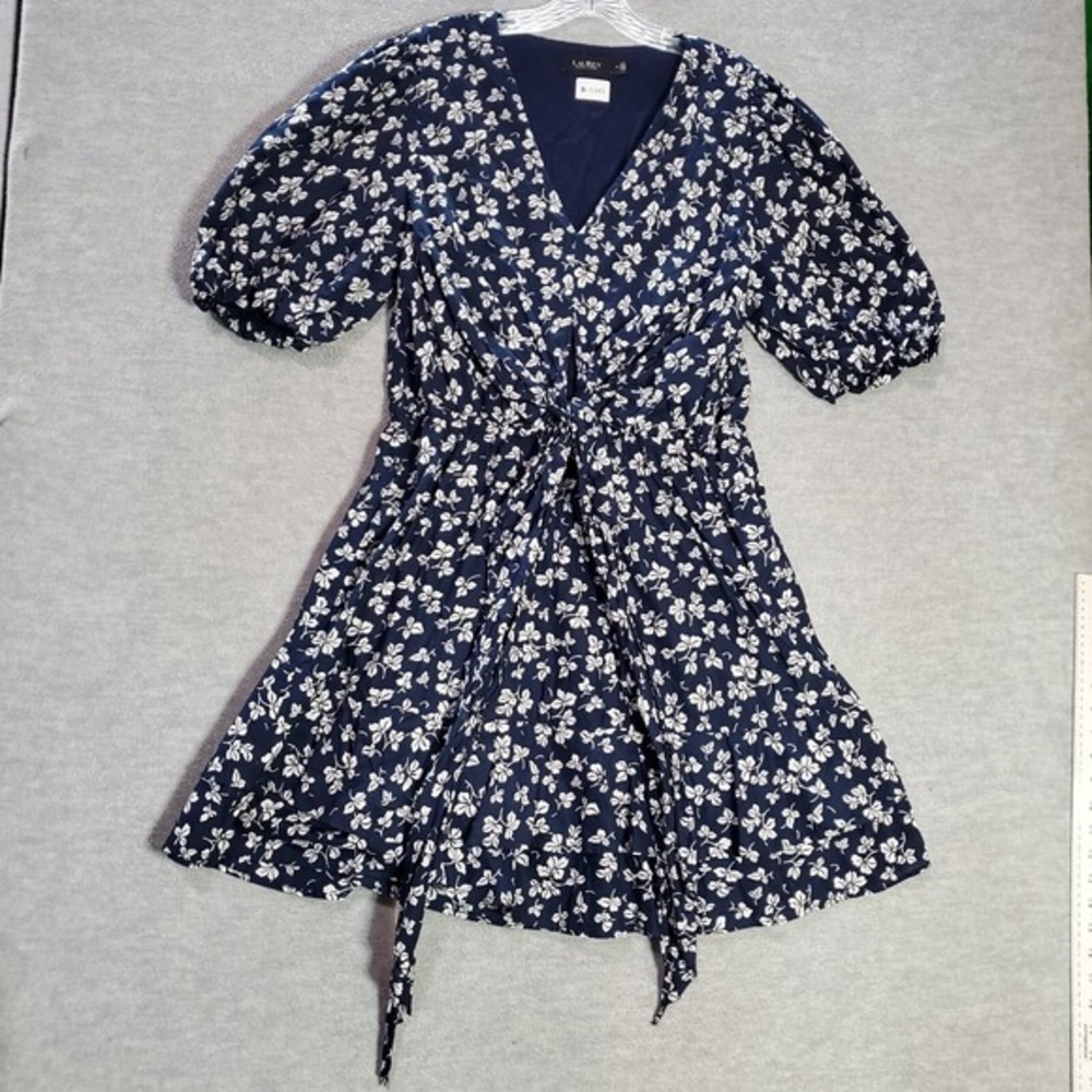 Lauren Ralph Lauren Women Dress M Blue Floral Puff Sleeve Tie Front V Neck